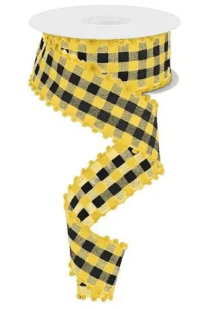 1.5" Check with Poms Ribbon: Yellow (10 Yards)