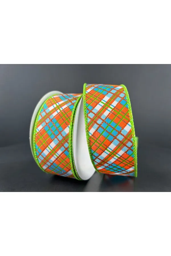 1.5" White Satin Busy Plaid Ribbon: Teal, Lime and Orange (10 Yards)