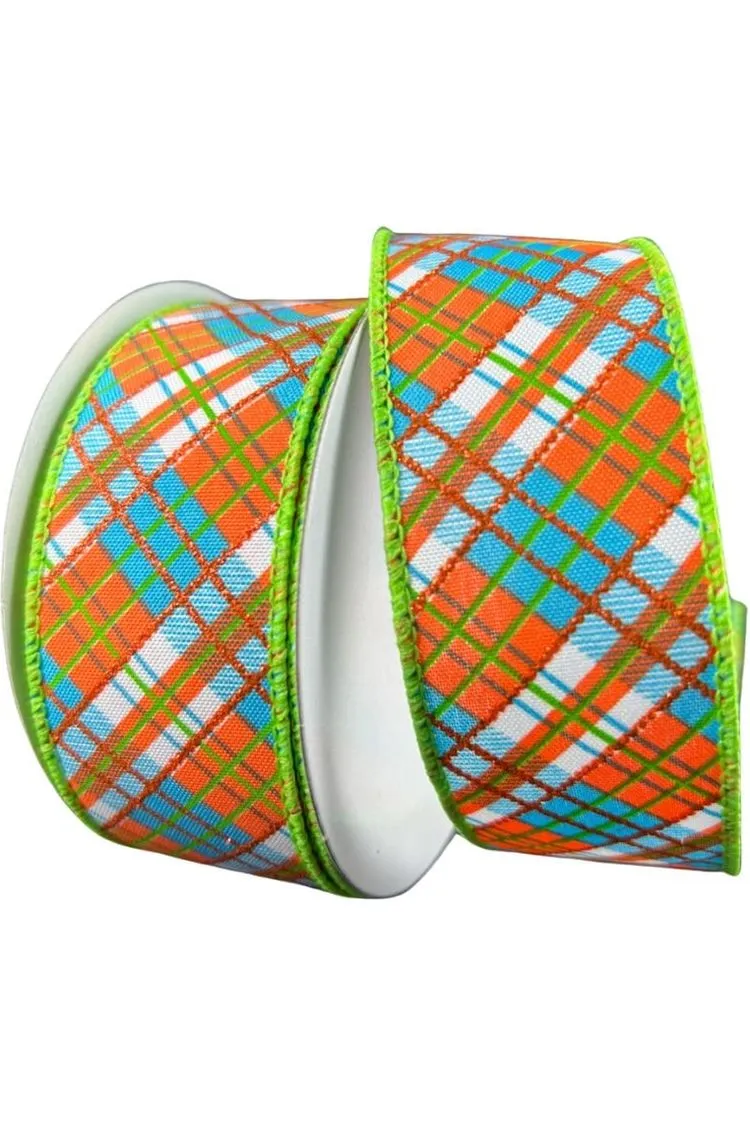 1.5" White Satin Busy Plaid Ribbon: Teal, Lime and Orange (10 Yards)