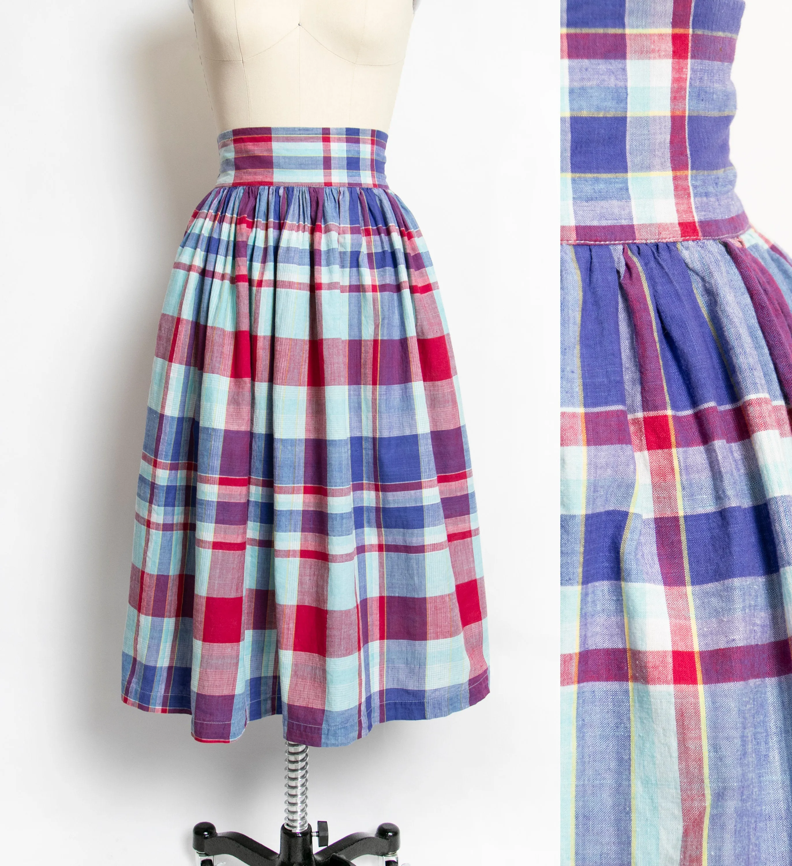 1980s Cotton Full Skirt Plaid Cotton 80s Small