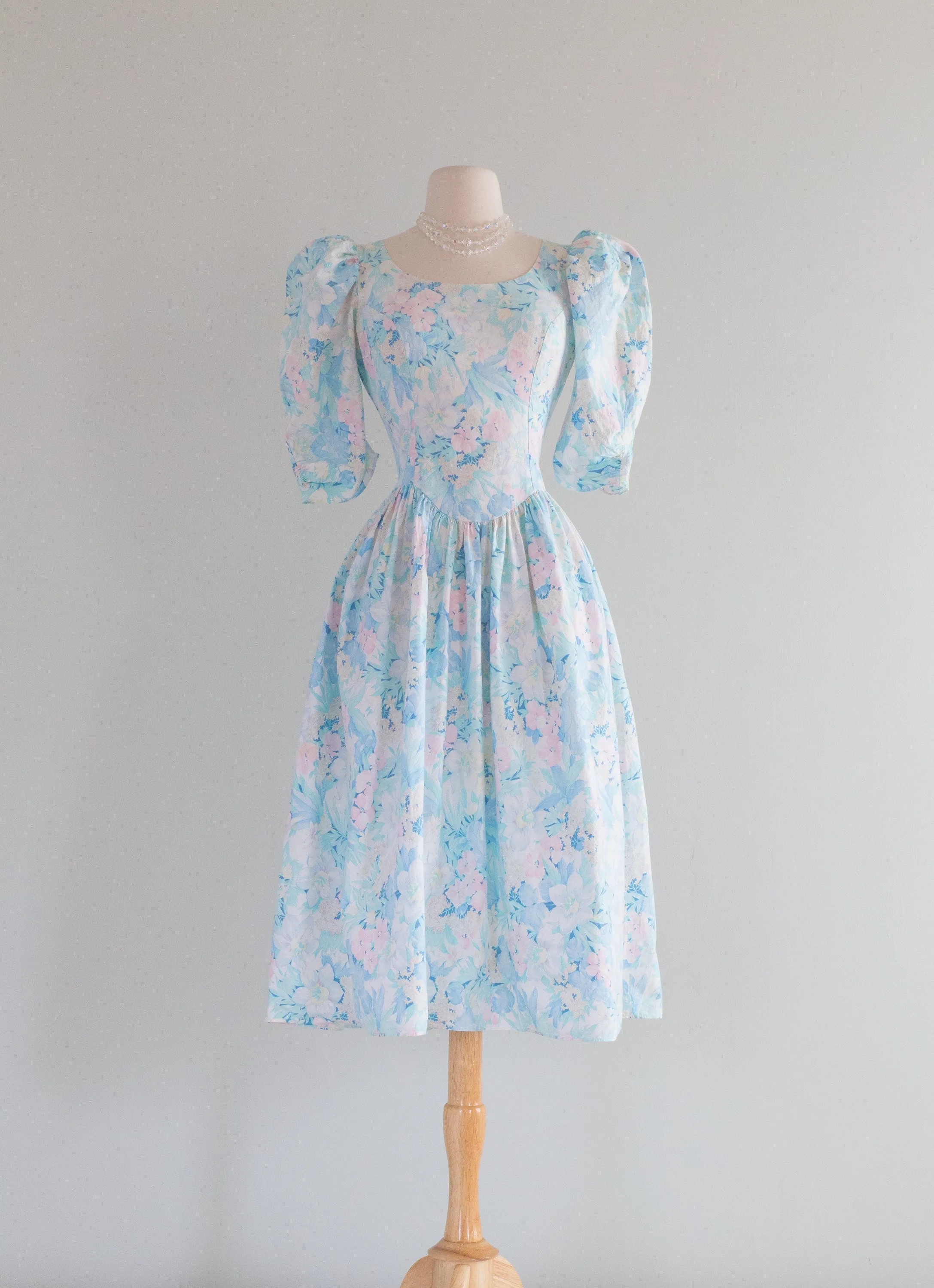 1980's Pastel Garden Print Cotton Dress With Bow Back / Medium