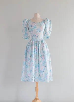 1980's Pastel Garden Print Cotton Dress With Bow Back / Medium