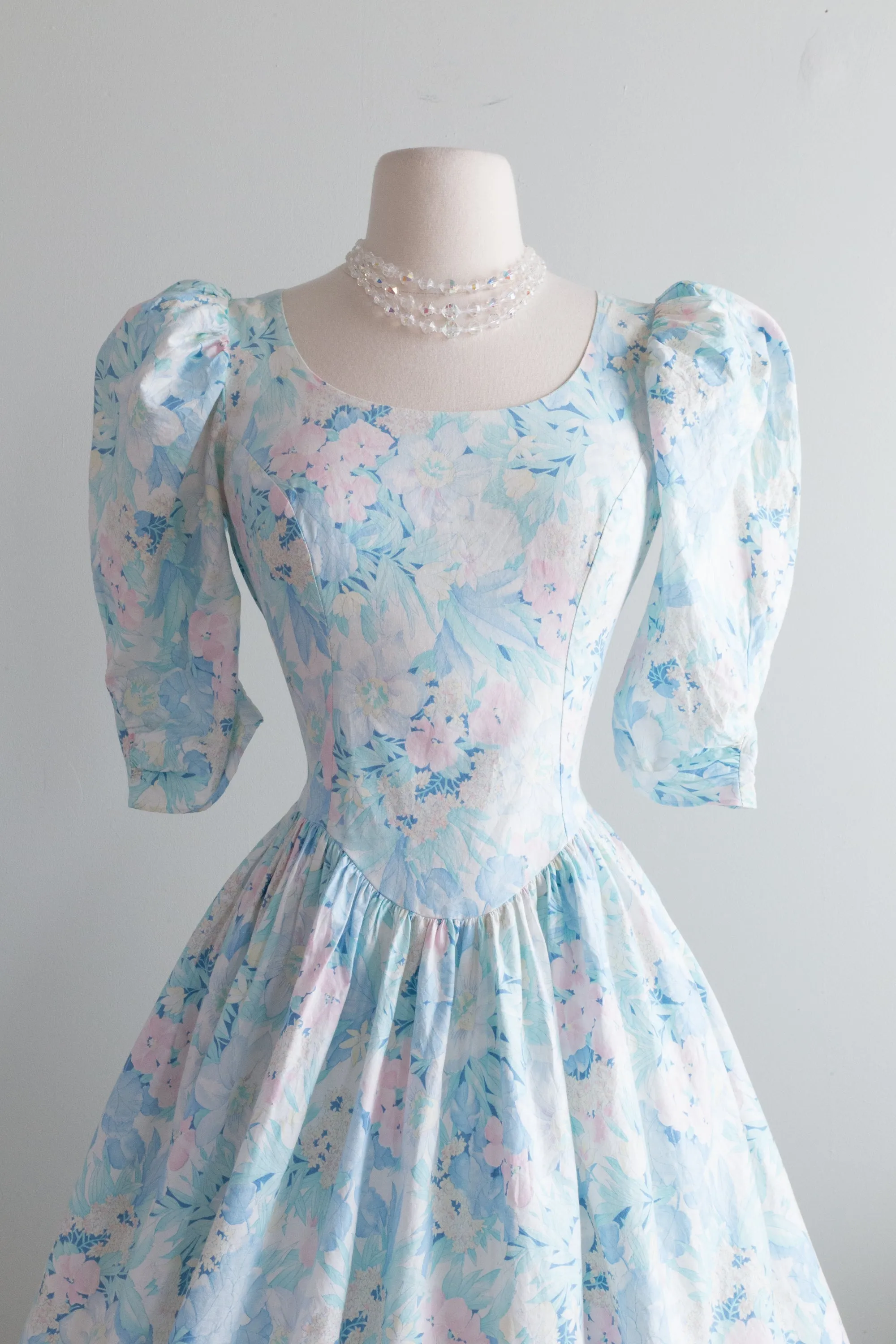 1980's Pastel Garden Print Cotton Dress With Bow Back / Medium