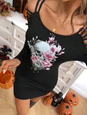 2024 Fall Halloween Hollow Skull Print Women Knit Bodycon Mini Dress