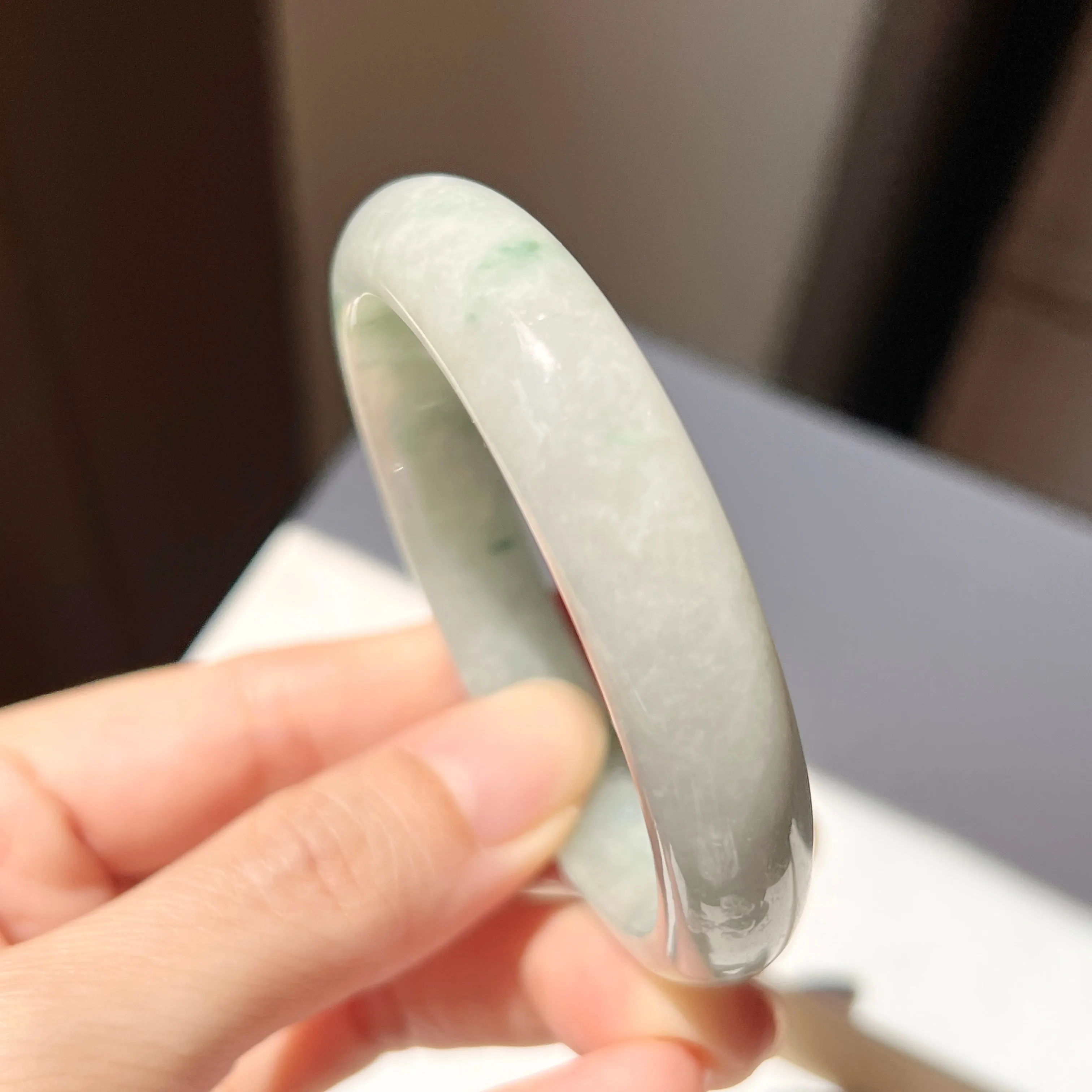 55.6mm A-Grade Natural Bluish Green Floral Jadeite Modern Oval Bangle No. 152002