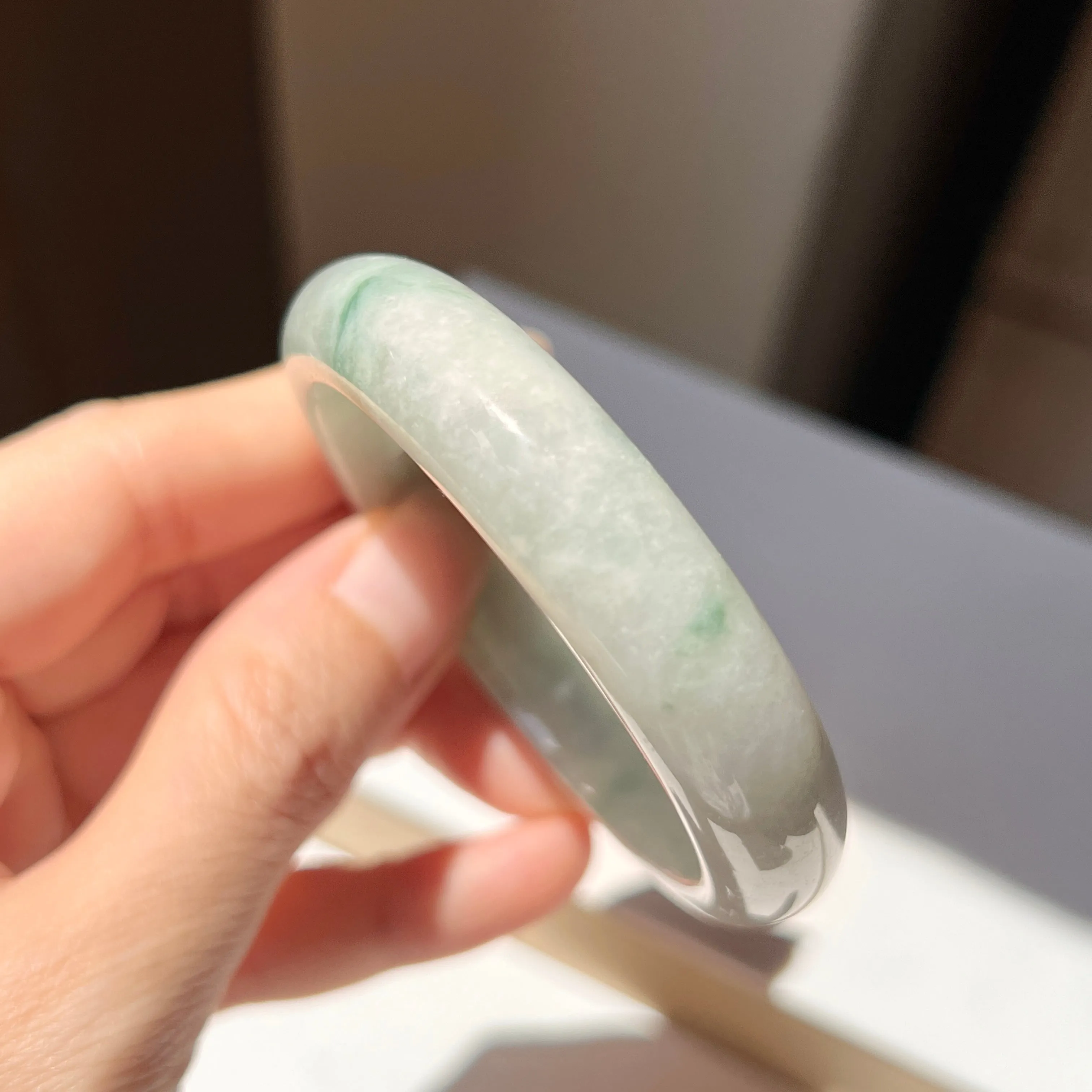 55.6mm A-Grade Natural Bluish Green Floral Jadeite Modern Oval Bangle No. 152002