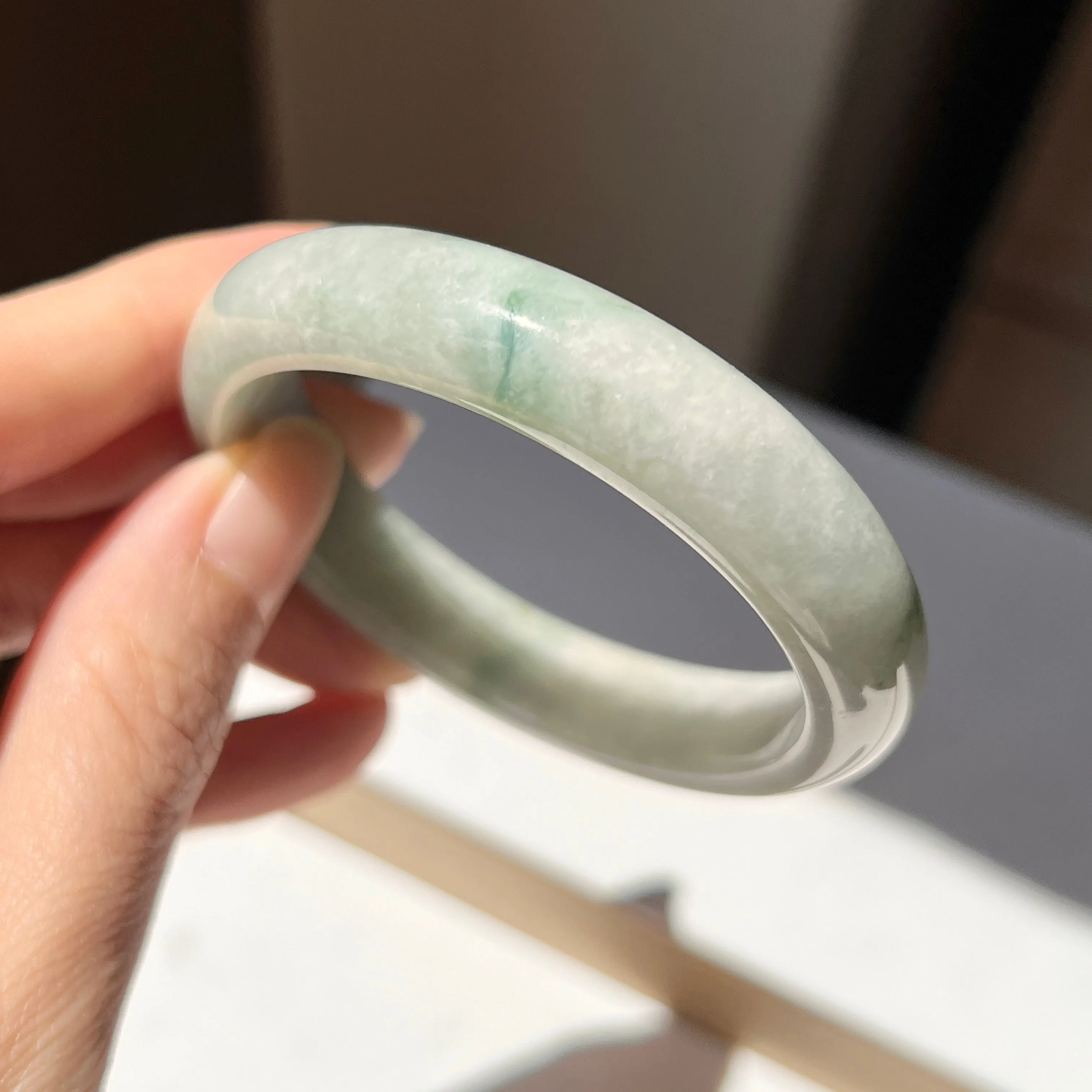 55.6mm A-Grade Natural Bluish Green Floral Jadeite Modern Oval Bangle No. 152002