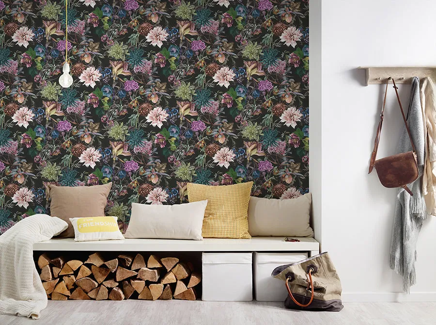 Althea Black Flower Garden Wallpaper  | Brewster Wallcovering