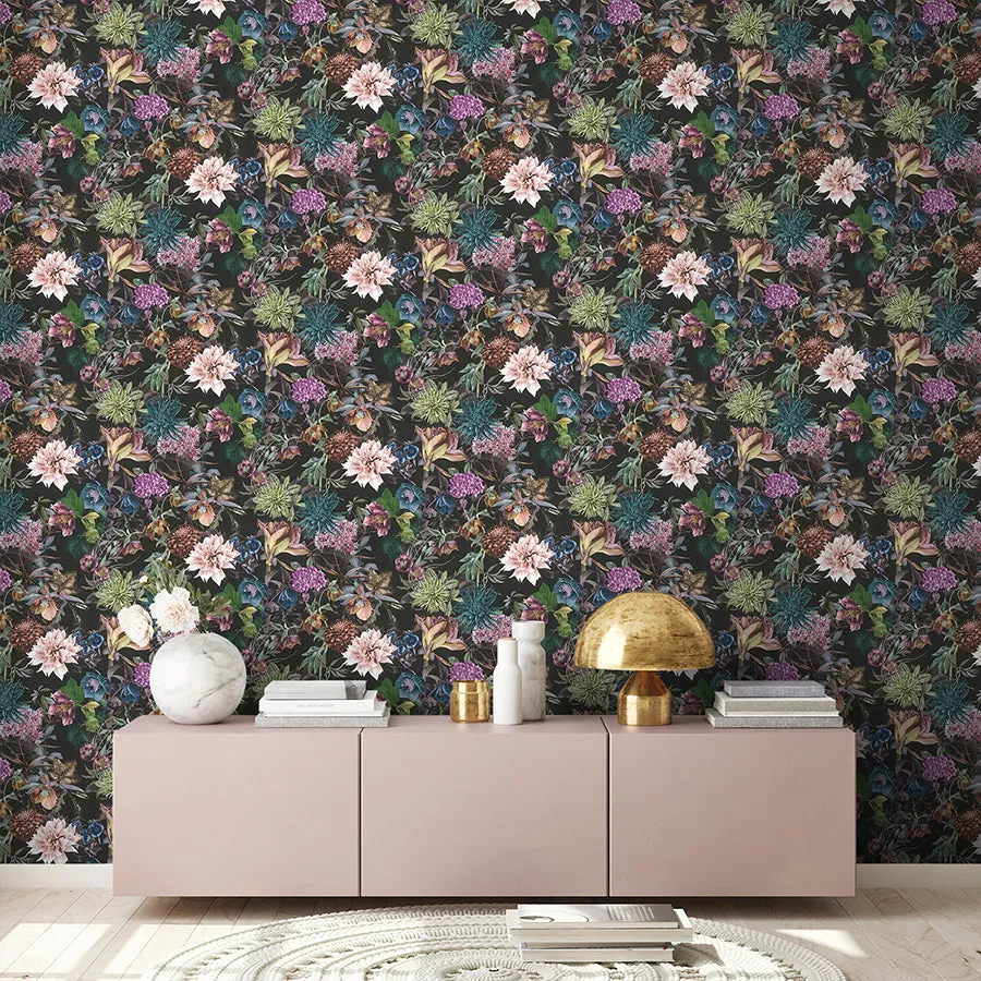 Althea Black Flower Garden Wallpaper  | Brewster Wallcovering