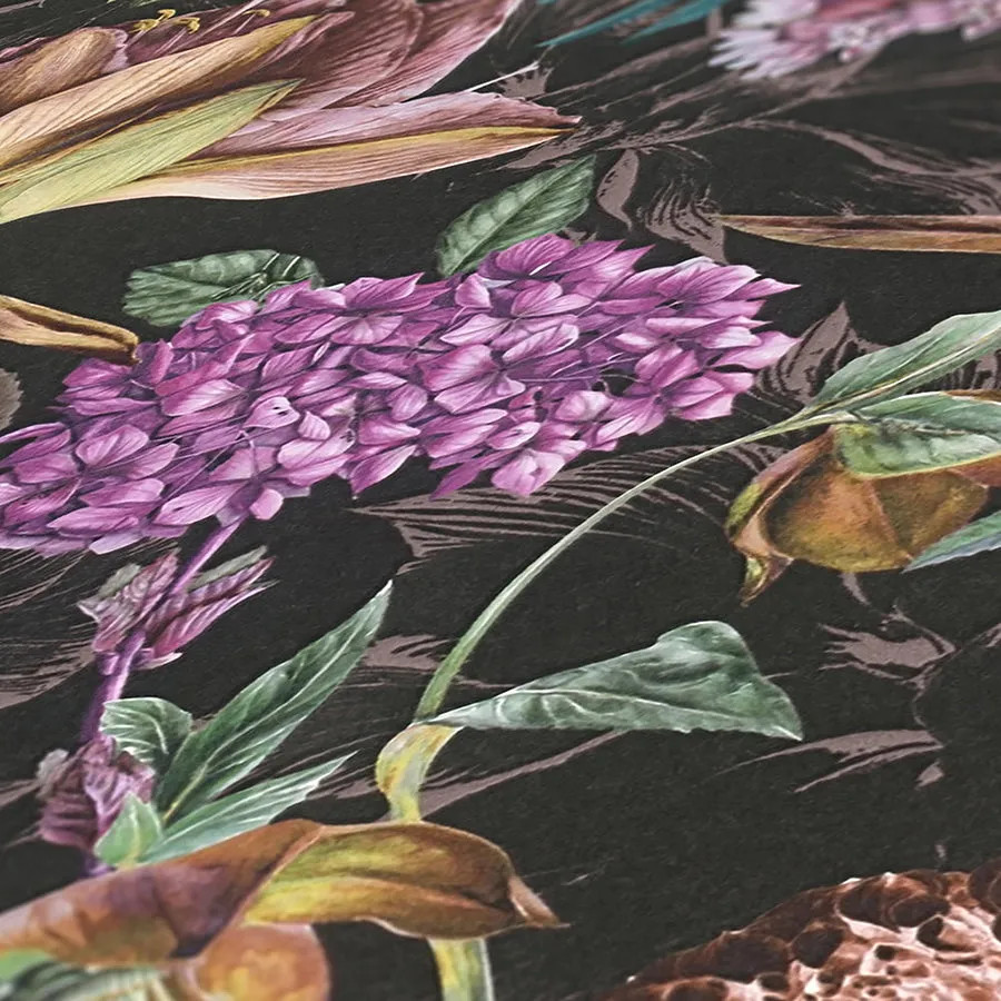 Althea Black Flower Garden Wallpaper  | Brewster Wallcovering