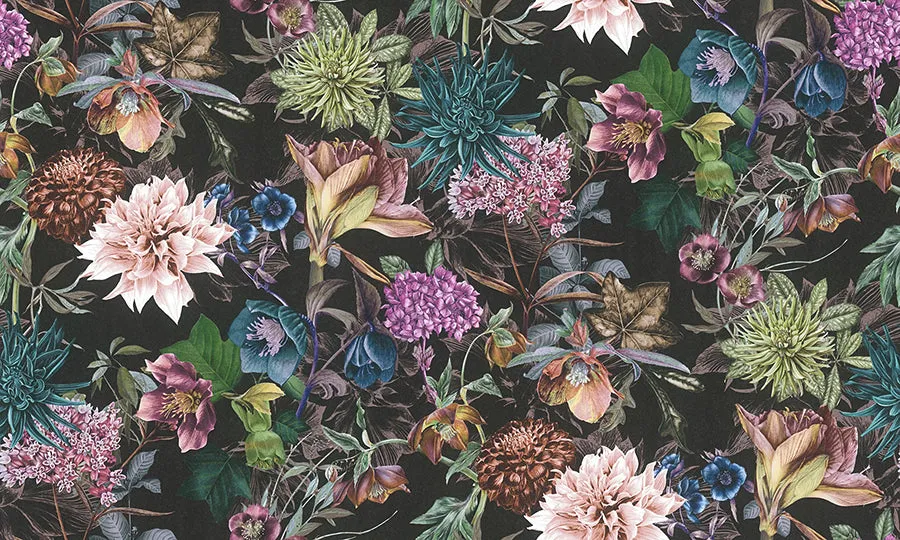 Althea Black Flower Garden Wallpaper  | Brewster Wallcovering