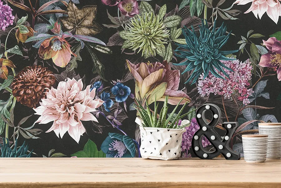 Althea Black Flower Garden Wallpaper  | Brewster Wallcovering