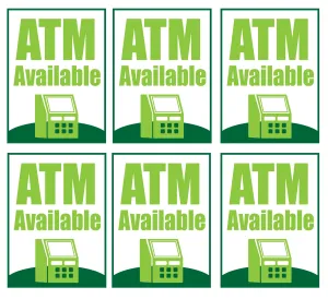 ATM Available Store Window Display Paper Signs; 18w x 24h - 6 Pack