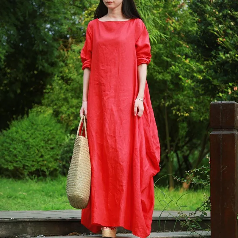 Babakud Solid Cocoon Ruched Rich Linen Maxi Dress