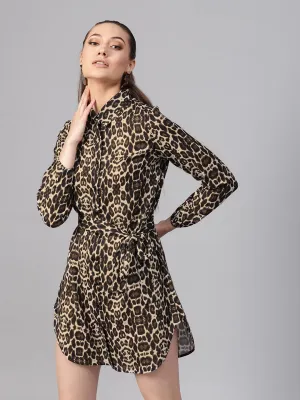 Black Cheetah Front Open Shirt Dress