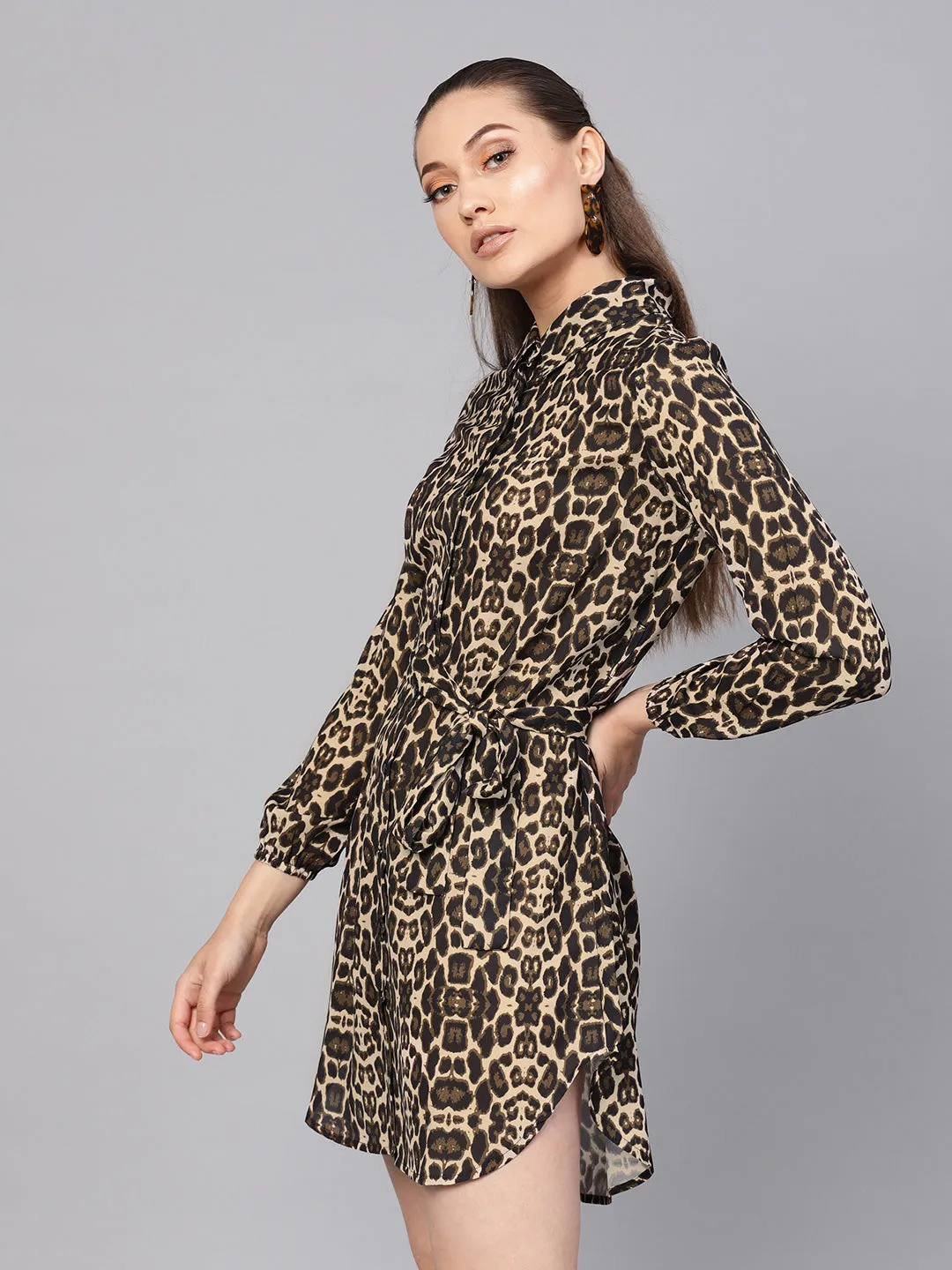 Black Cheetah Front Open Shirt Dress