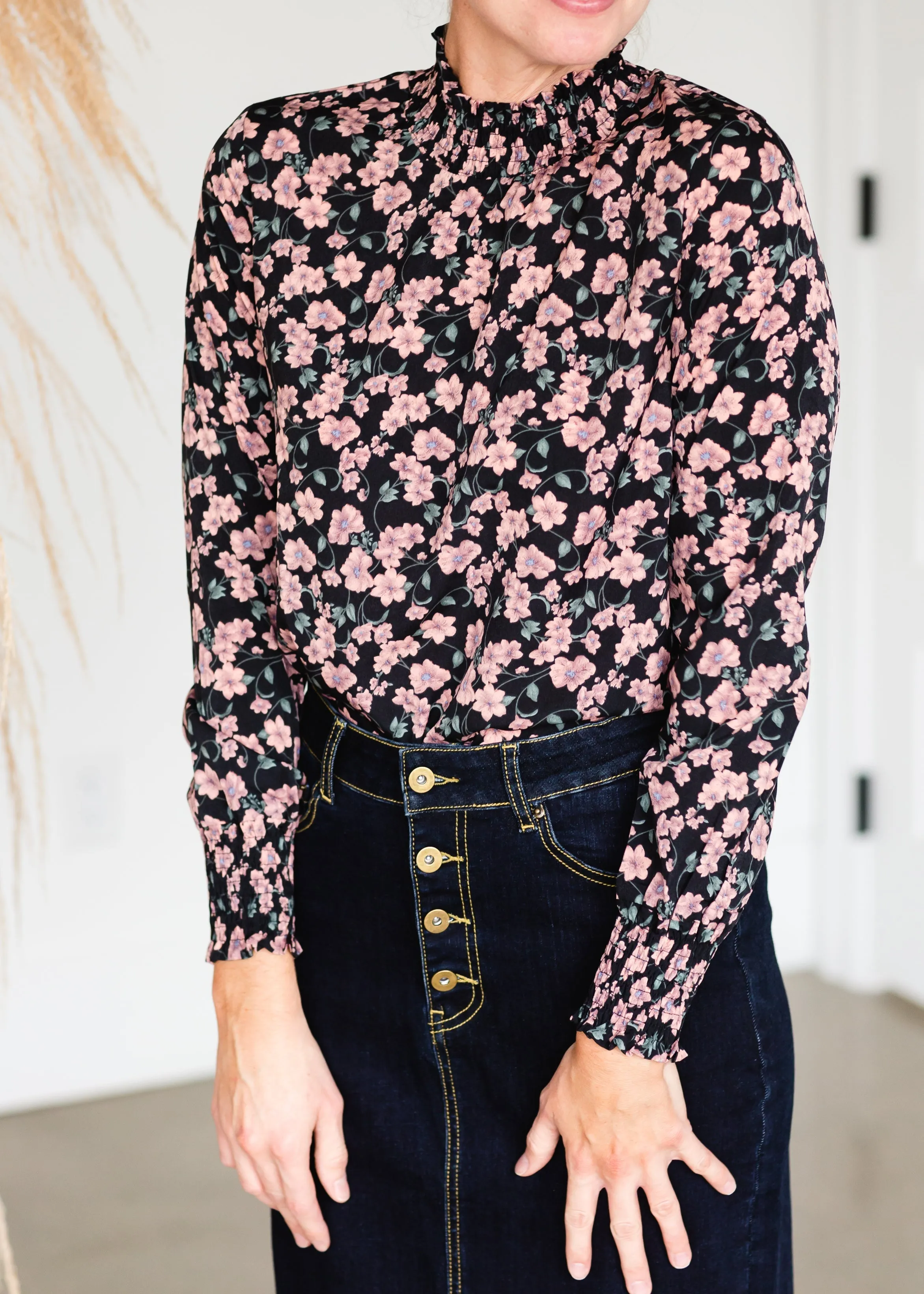 Black Long Sleeve Blush Floral Top - FINAL SALE