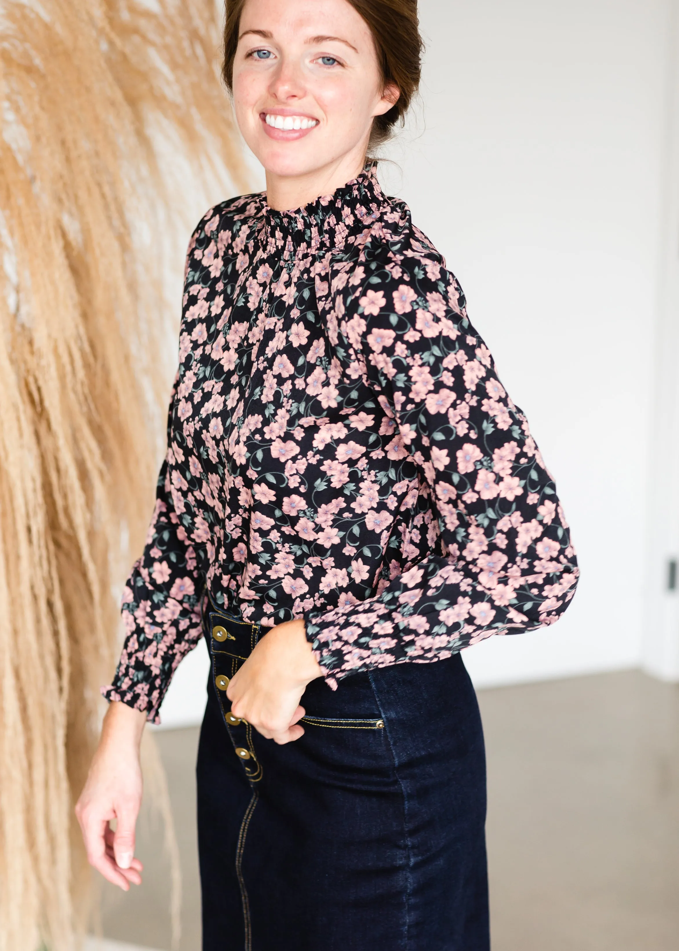 Black Long Sleeve Blush Floral Top - FINAL SALE