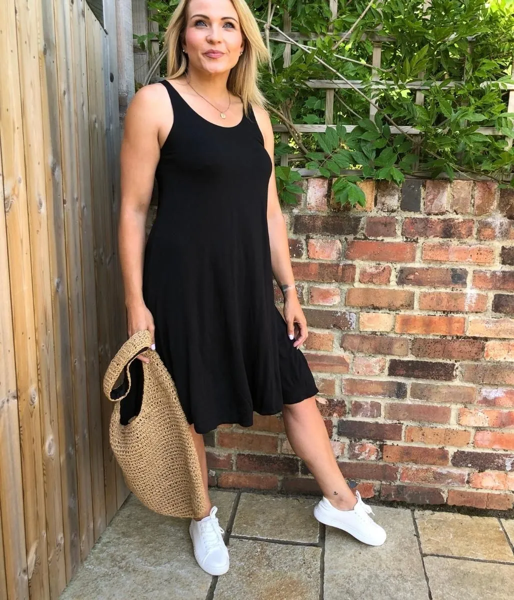 Black Sleeveless Jersey Swing Dress