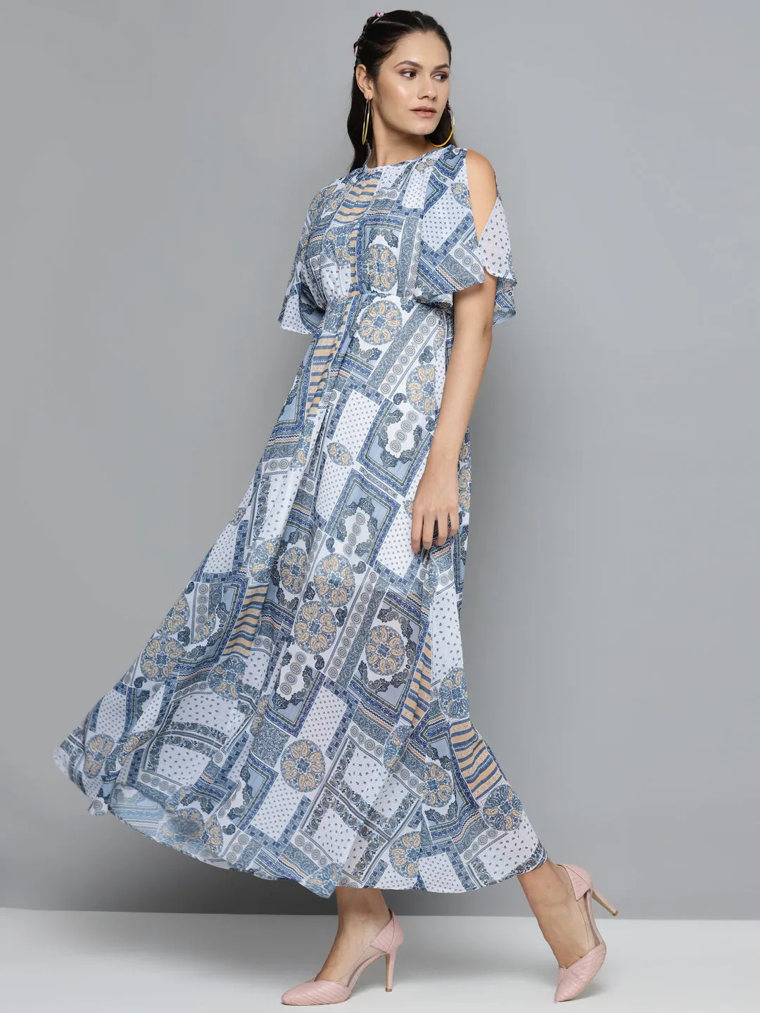 Blue Patch Print Maxi Dress