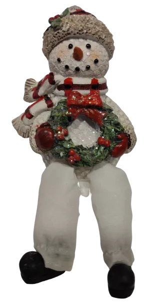 Bright Plaid Snowman Shelf Sitter Holding Christmas Wreath 7" Resin