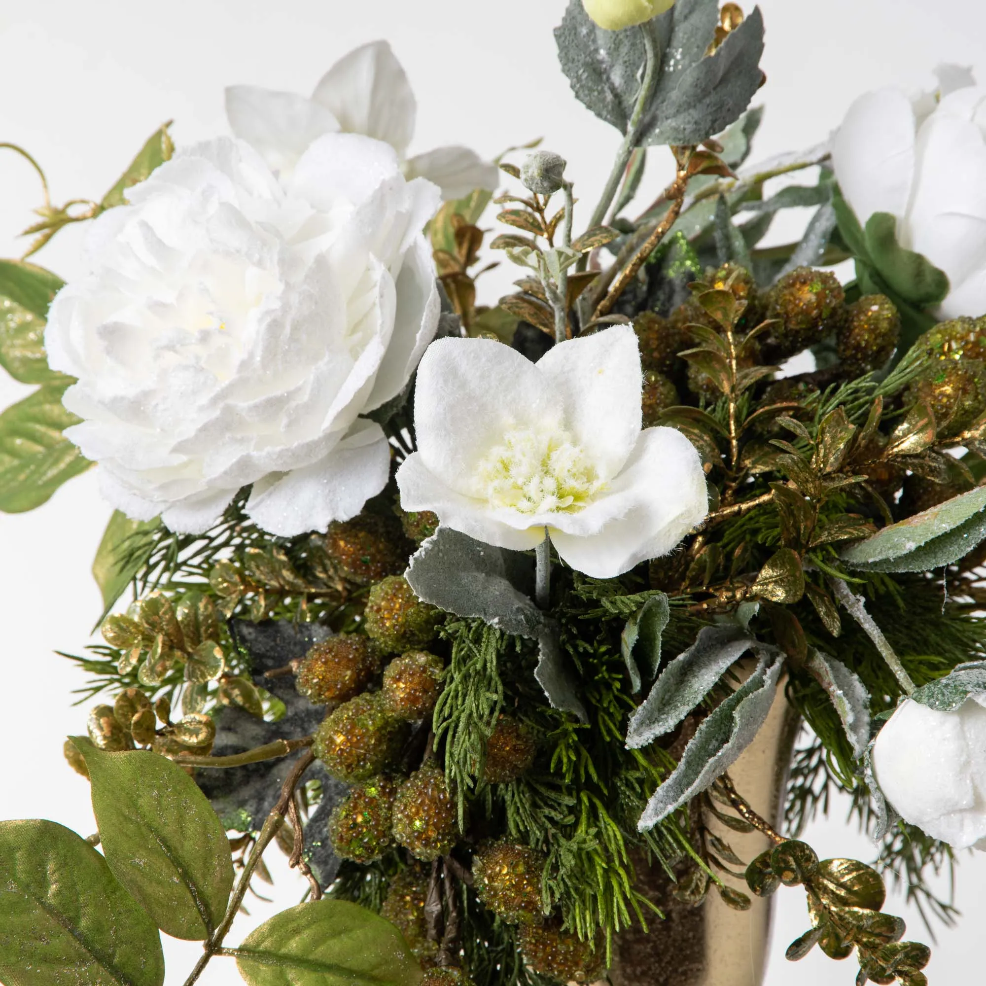 Christmas In Rome - Ice Beaded Grape, Snow Peony with Gold Laurel & Boxwood Christmas Arrangement in Gold Urn