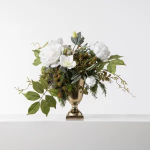 Christmas In Rome - Ice Beaded Grape, Snow Peony with Gold Laurel & Boxwood Christmas Arrangement in Gold Urn