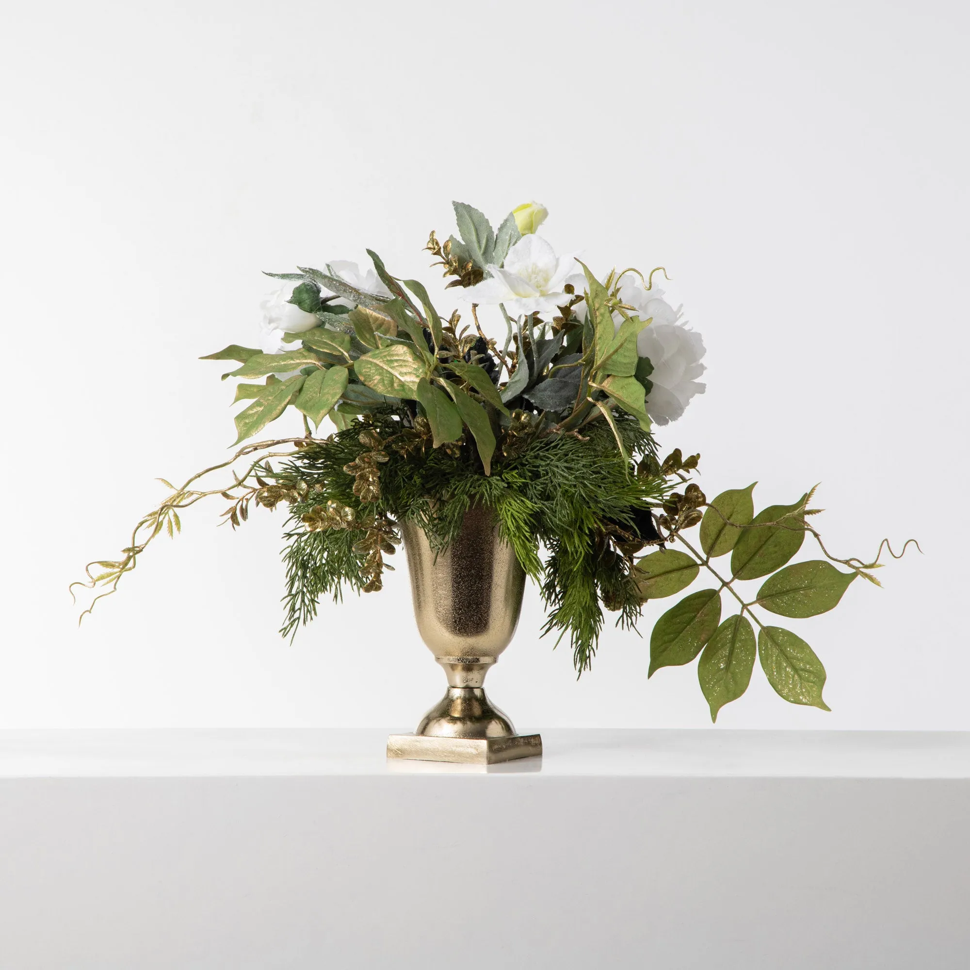 Christmas In Rome - Ice Beaded Grape, Snow Peony with Gold Laurel & Boxwood Christmas Arrangement in Gold Urn