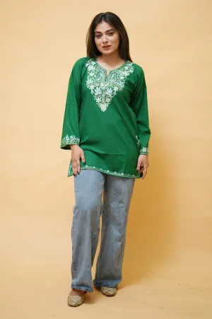 Dark Green Cotton Aari Work Kurti With Multicoloured Neckline Embroidery