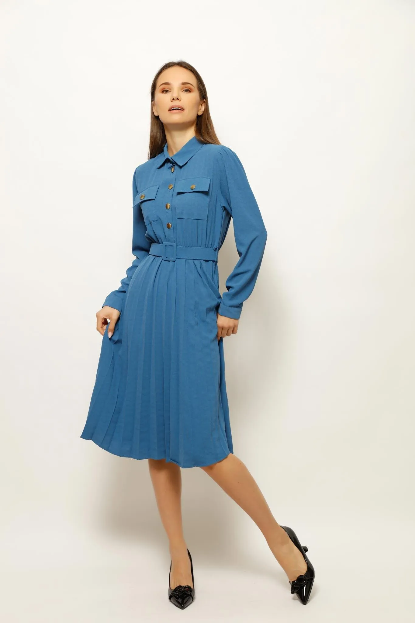 EBLISE COLLARED BELTED MIDI DRESS