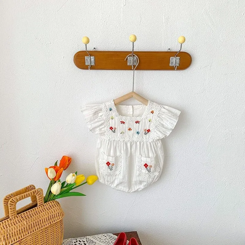 Embroidered White Floral Baby Romper