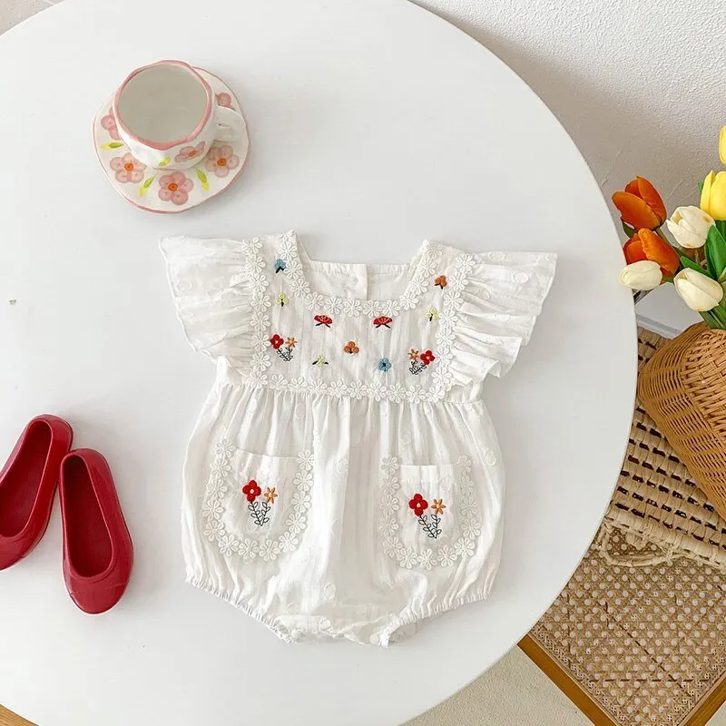 Embroidered White Floral Baby Romper