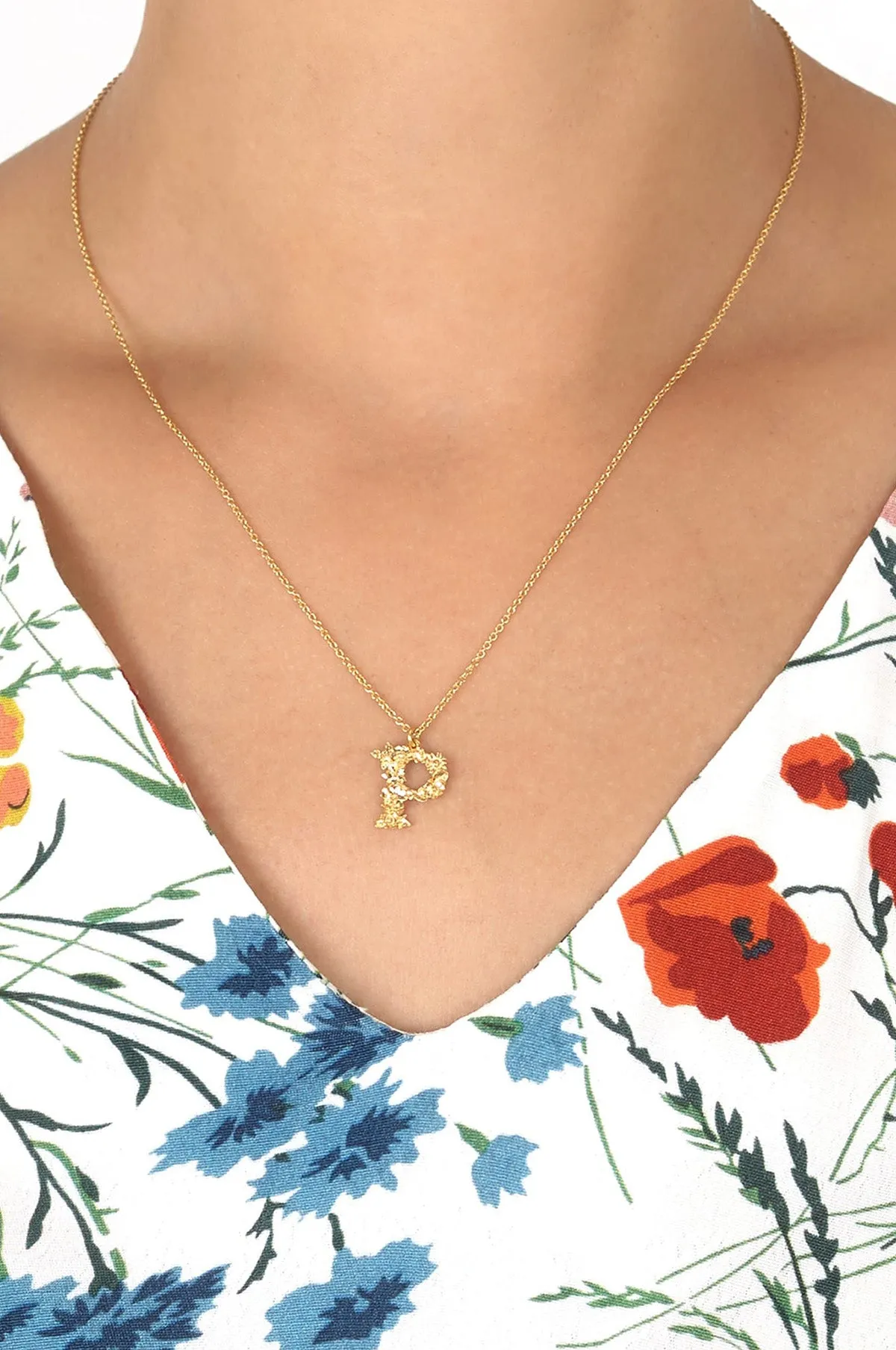 Floral Letter P Necklace Gold Plate