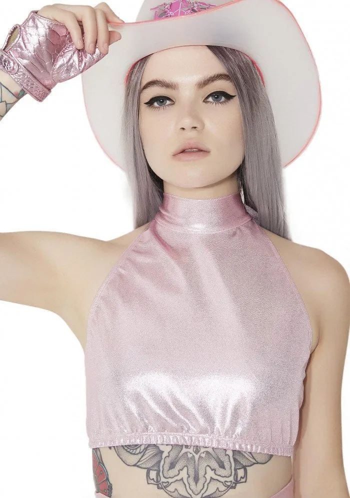 Hologram High Neck Halter Top in Baby Pink