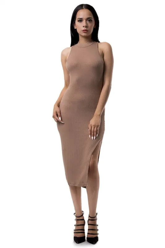 THE MYSTYLEMODE MOCHA RIBBED RACERBACK SIDE SLIT MIDI DRESS