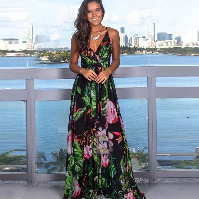 V-Neck Sleeveless Floral Print  Maxi Dress