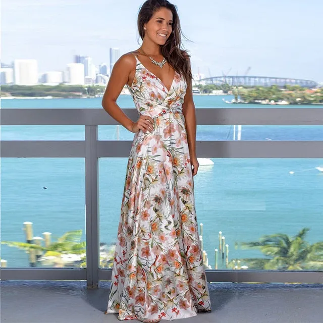 V-Neck Sleeveless Floral Print  Maxi Dress