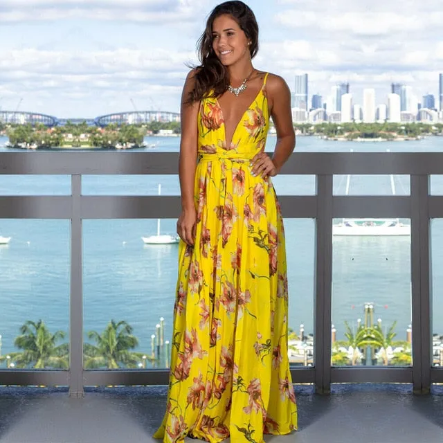 V-Neck Sleeveless Floral Print  Maxi Dress