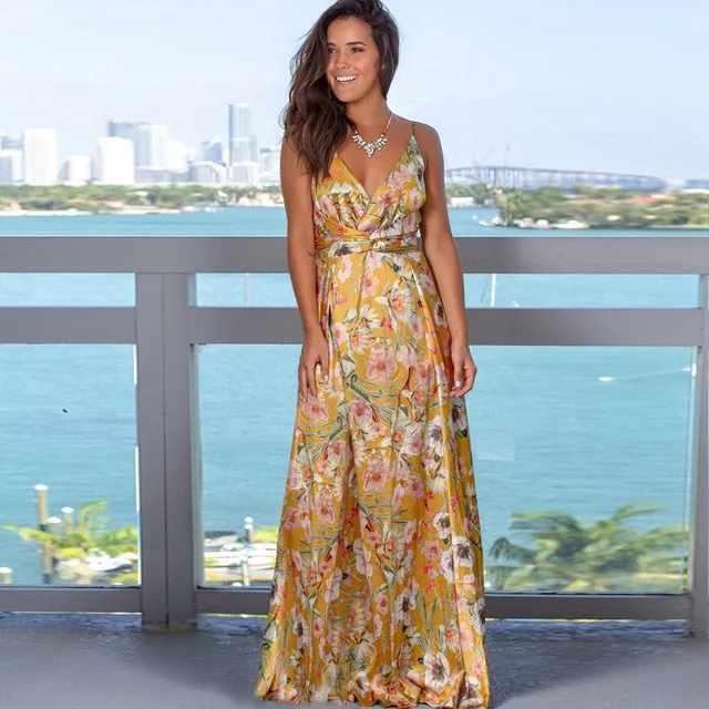 V-Neck Sleeveless Floral Print  Maxi Dress