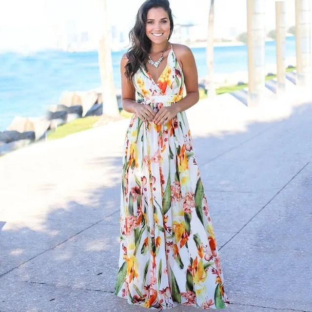 V-Neck Sleeveless Floral Print  Maxi Dress