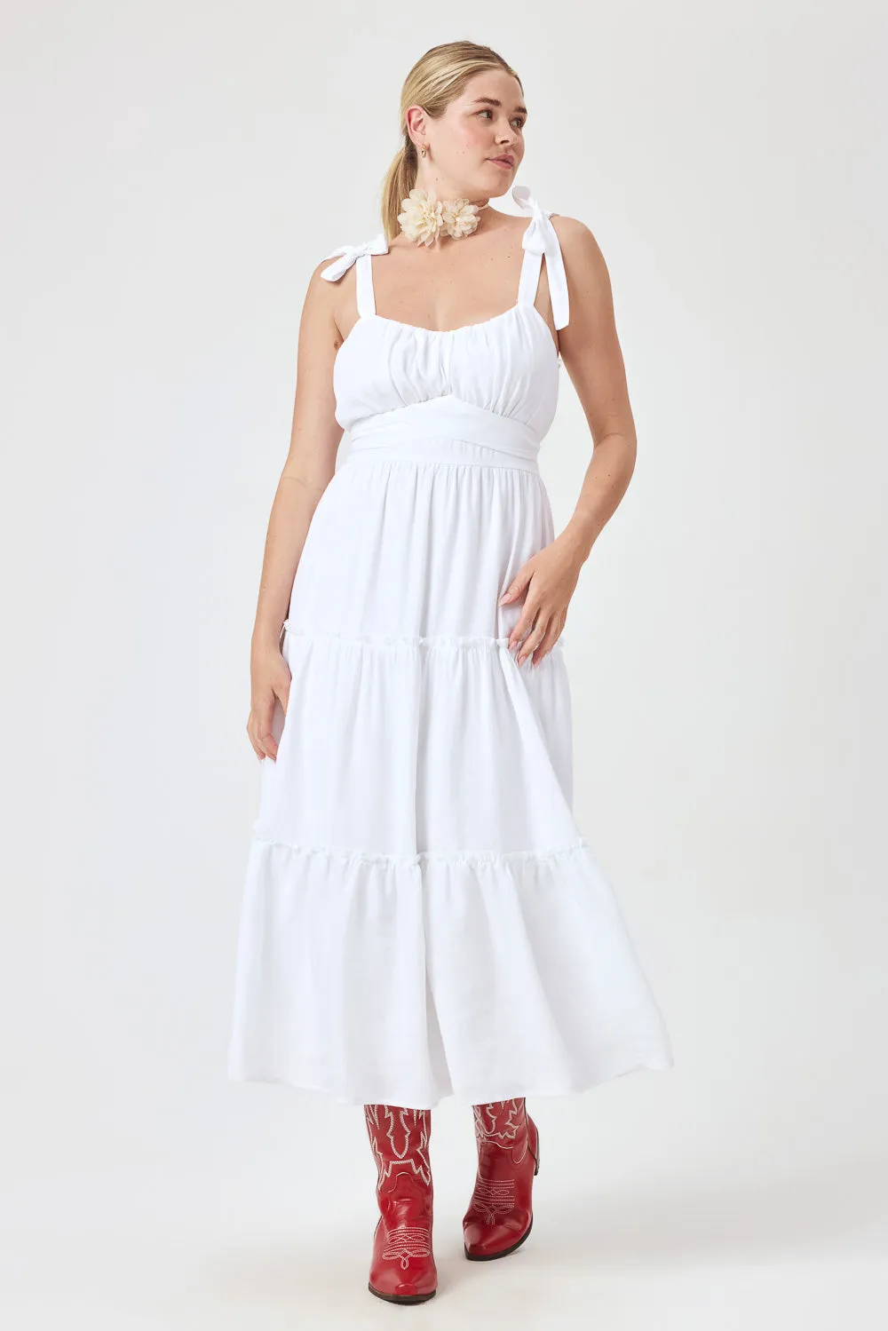 White Ruffle Midi Dress